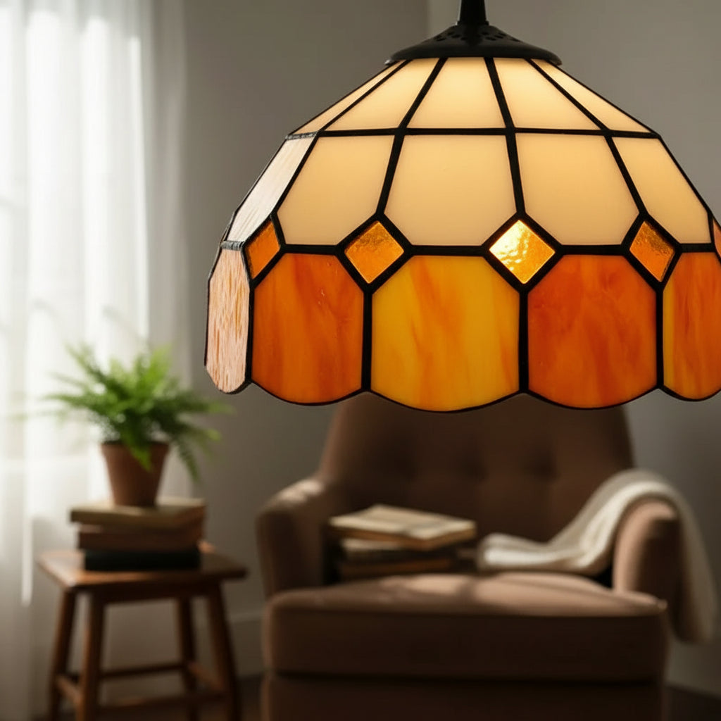 Suspension en Vitrail Style Tiffany Crème Orange Ø20cm