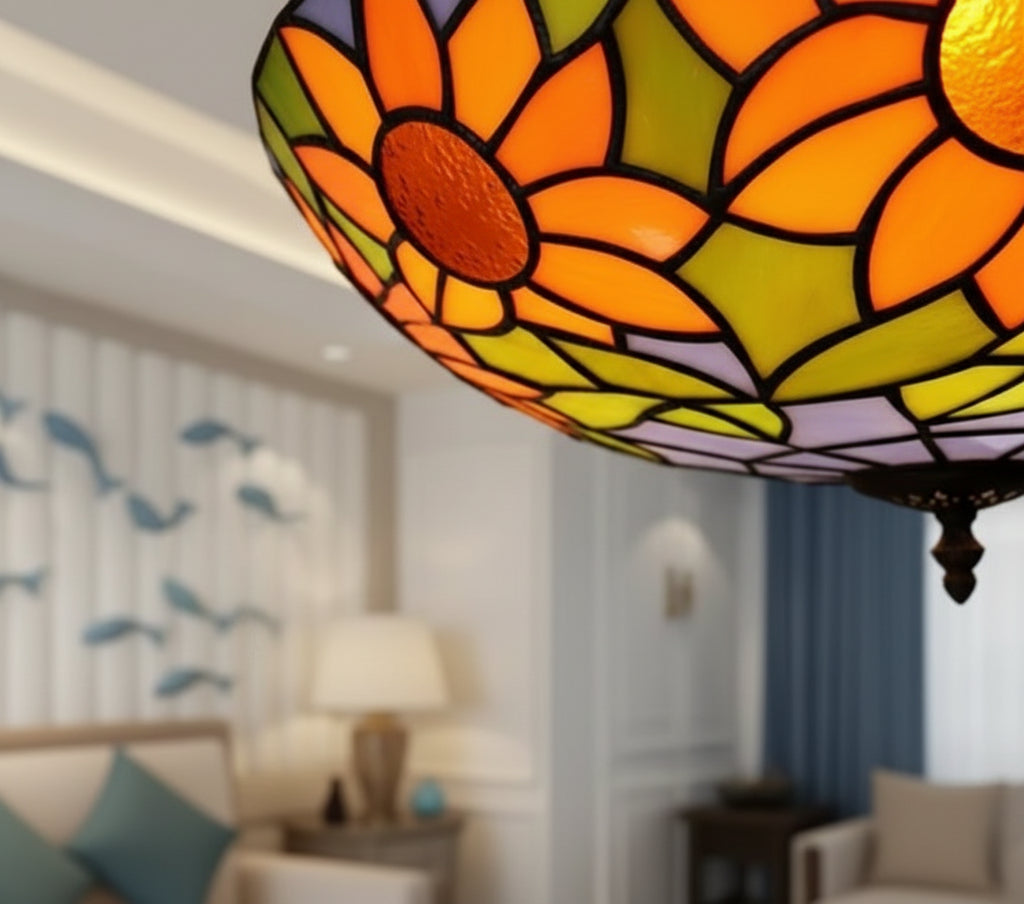 Plafonnier en Vitrail Style Tiffany Tournesols