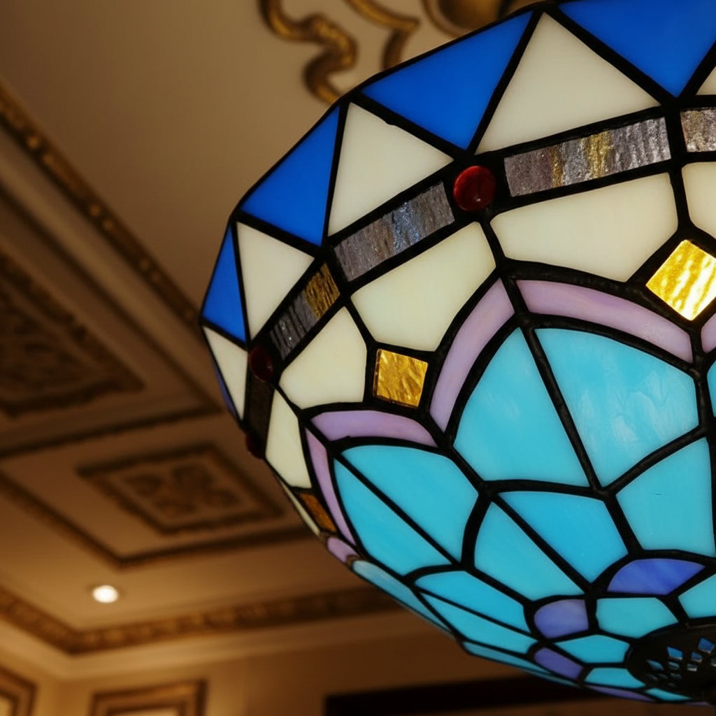 Plafonnier Dôme en Vitrail Tiffany Bleu Géométrique