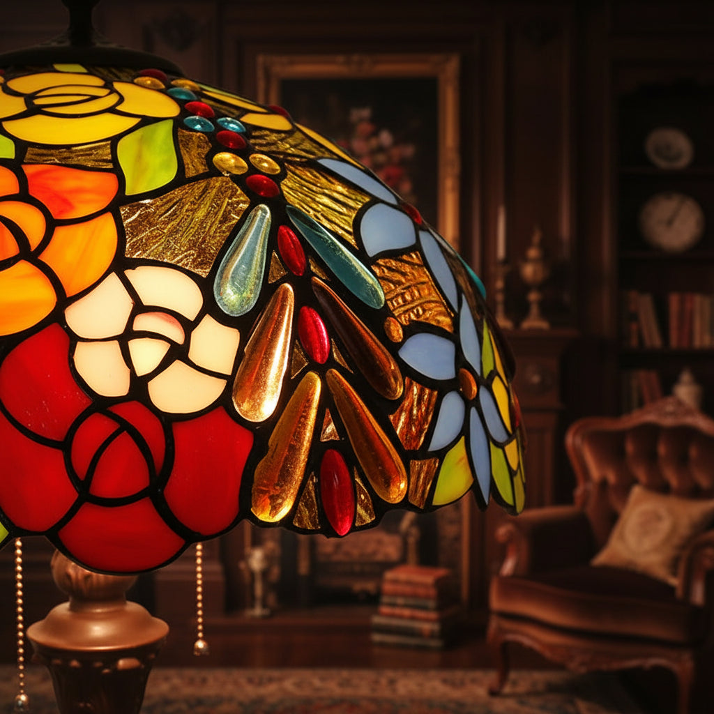 Lampadaire Style Tiffany Floral en Verre Multicolore