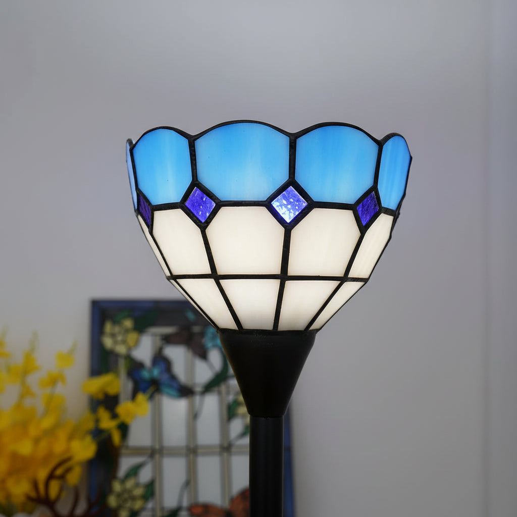 Lampadaire en Vitrail Bleu et Blanc à Forme de Tulipe