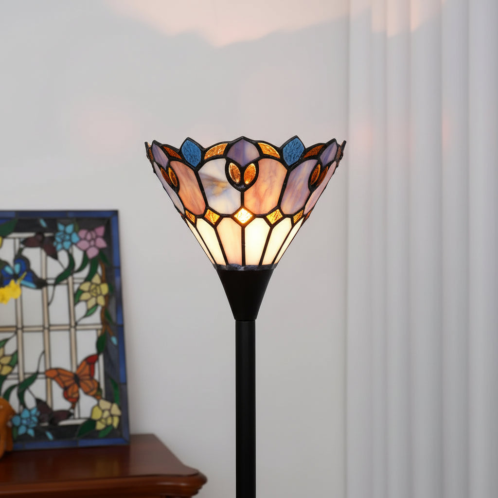 Lampadaire Tiffany en Vitrail Fleurs et Papillons