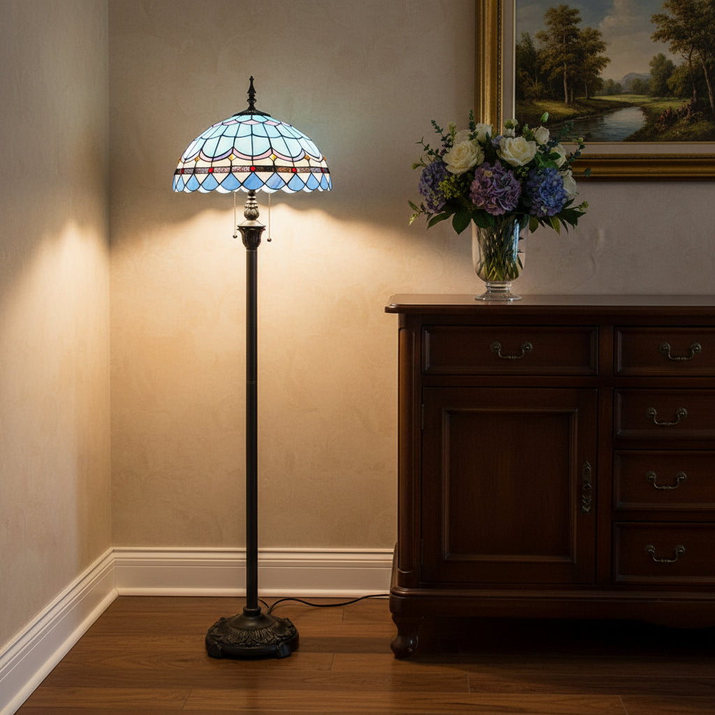Lampadaire Style Tiffany en Vitrail Bleu et Multicolore