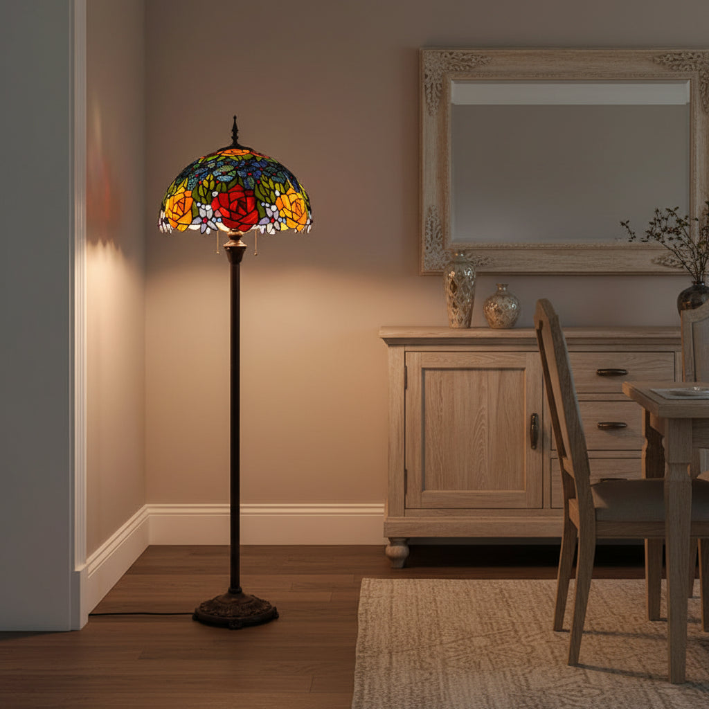 Lampadaire Style Tiffany en Vitrail Roses Rouges et Jaunes