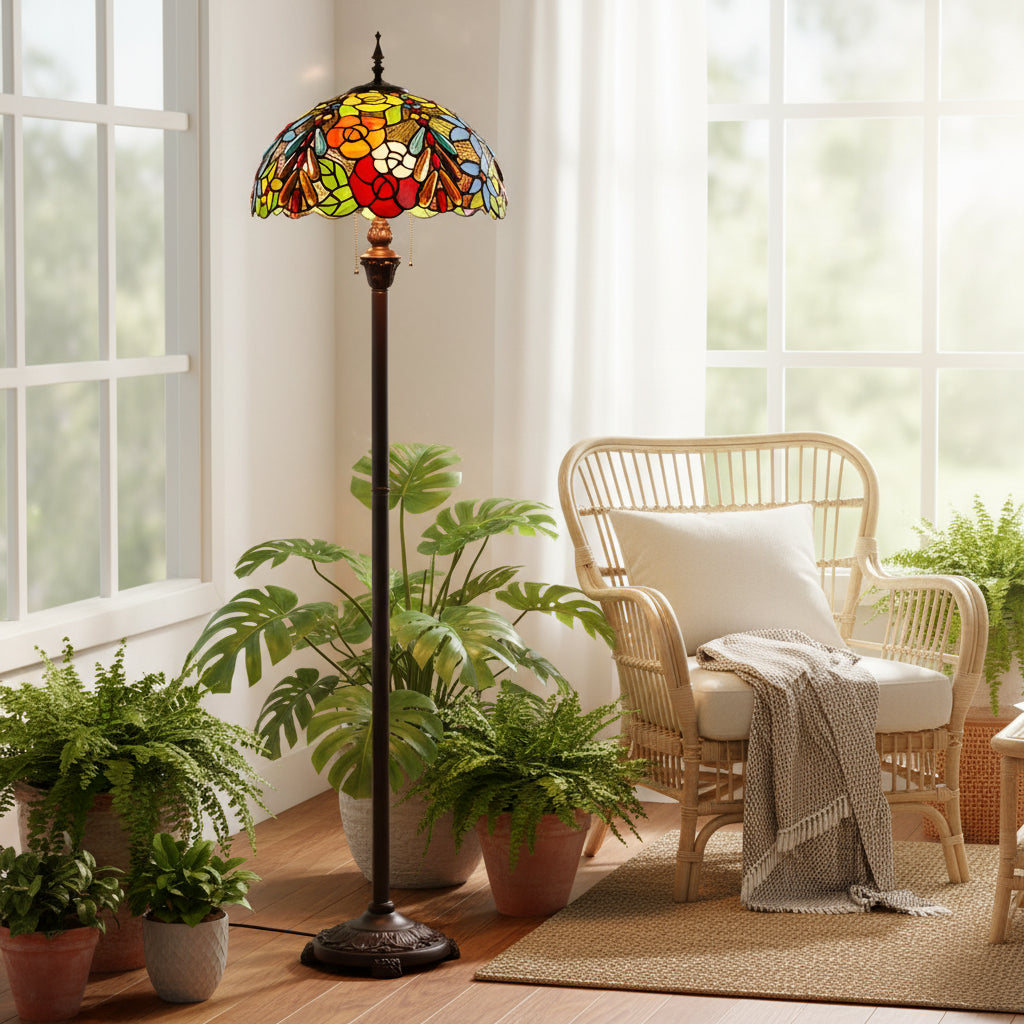 Lampadaire Style Tiffany Floral en Verre Multicolore