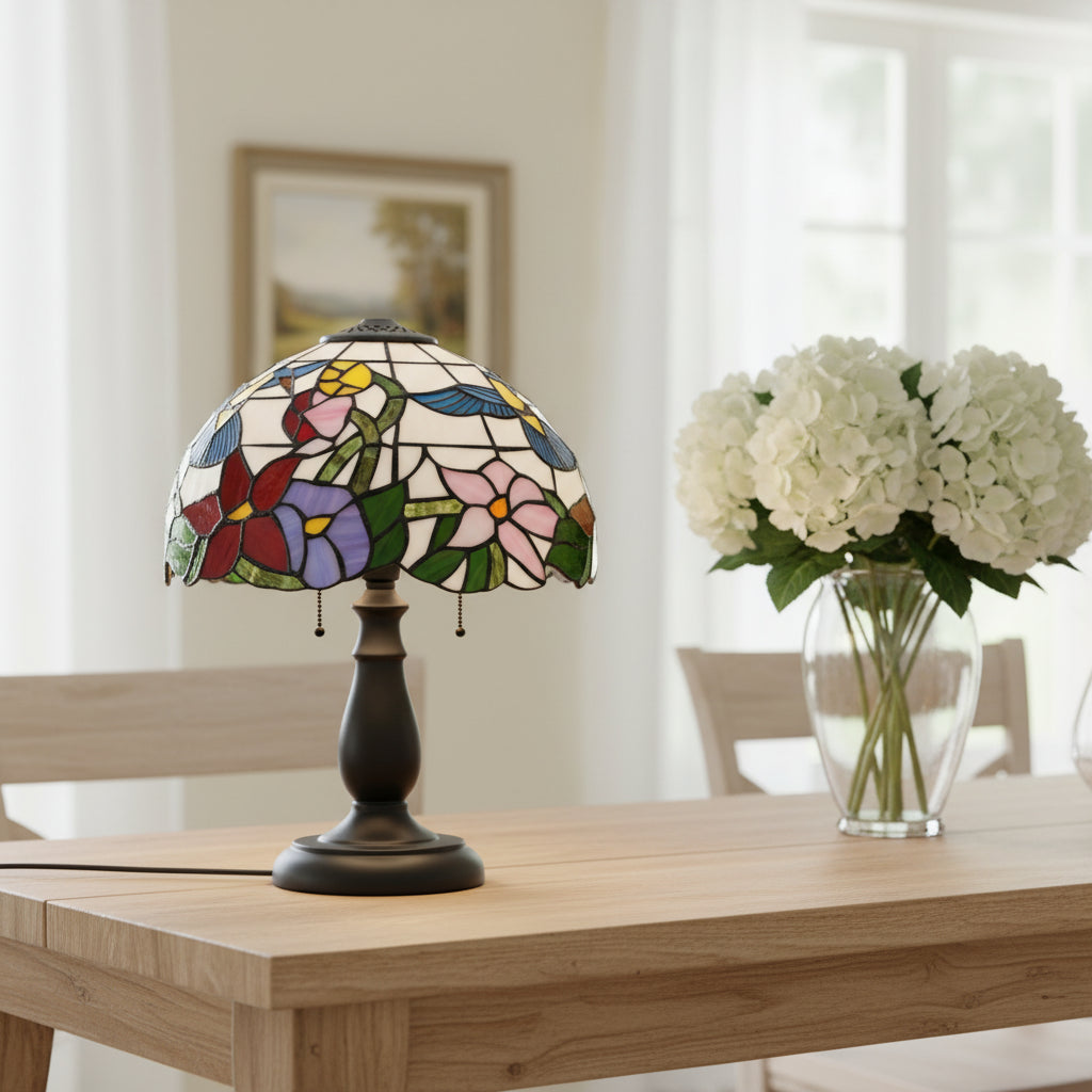 Abat-jour Tiffany en Vitrail Colibri et Fleurs
