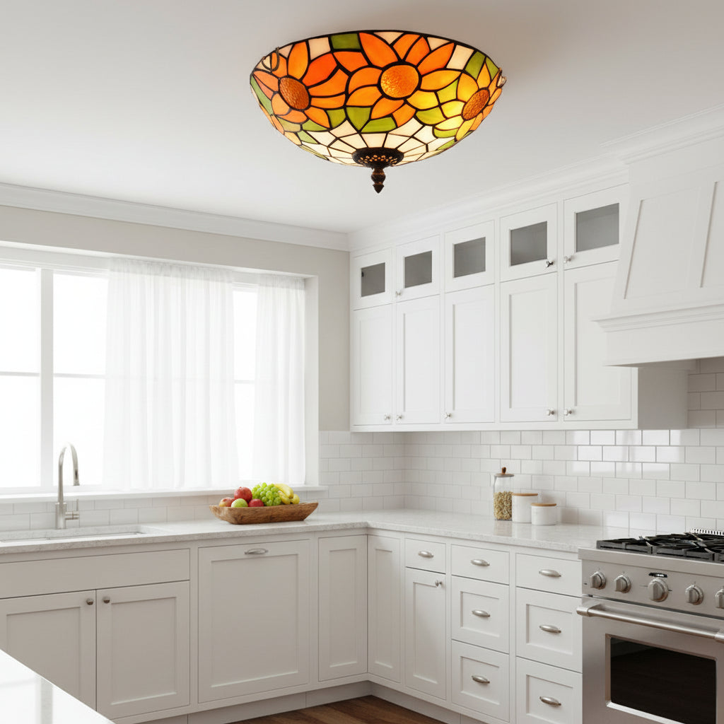 Plafonnier Rond en Vitrail Style Tiffany Tournesol