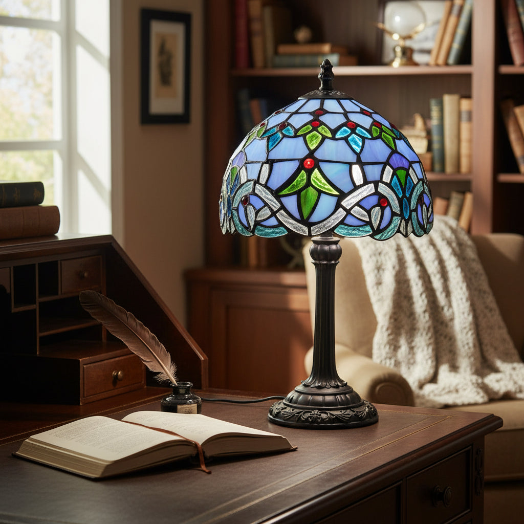 Lampe de Table Style Tiffany à Vitrail Floral Bleu