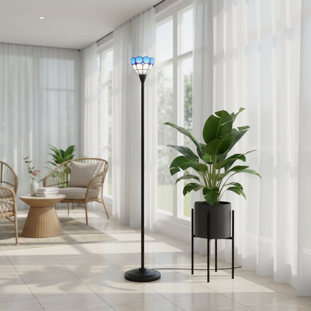 Lampadaire en Vitrail Bleu et Blanc à Forme de Tulipe