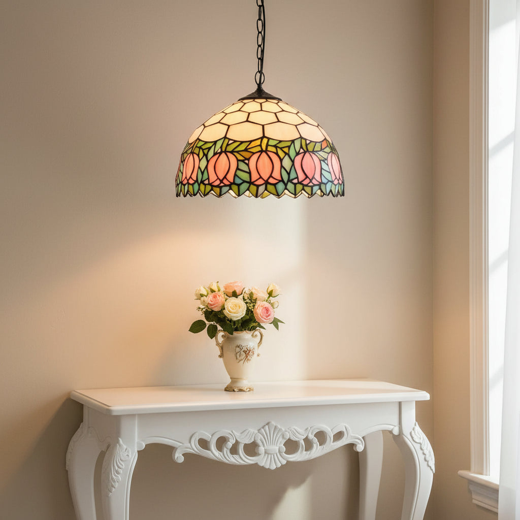 Suspension Tiffany à Tulipes Roses en Verre 30cm