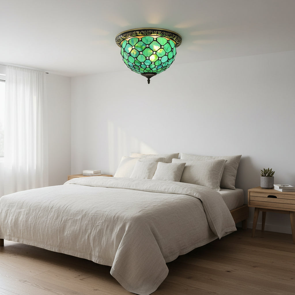 Plafonnier Style Tiffany en Vitrail Vert