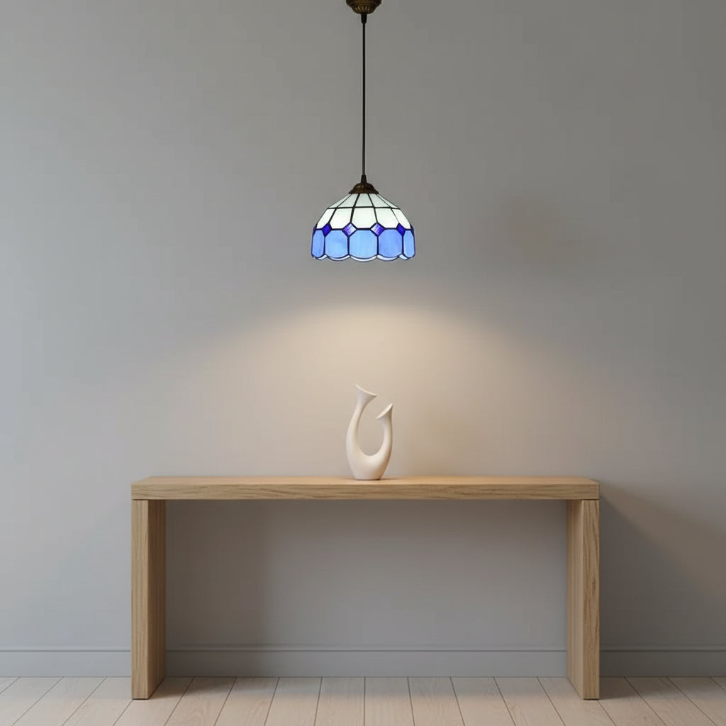 Suspension Luminaire Tiffany Géométrique Blanche et Bleue