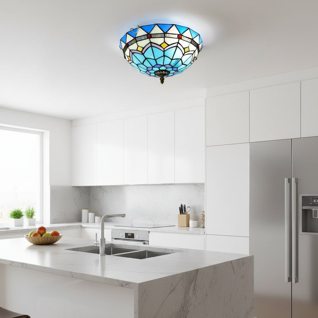 Plafonnier Dôme en Vitrail Tiffany Bleu Géométrique