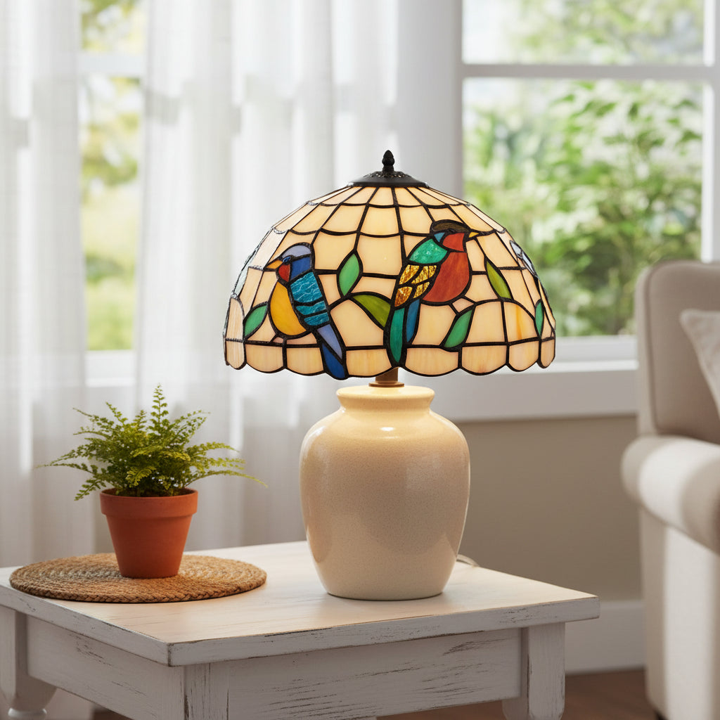 Abat-Jour en Verre Teinté Style Tiffany Oiseaux