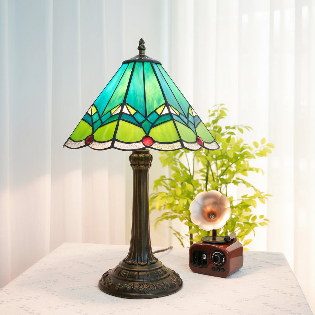 Lampe de Table en Vitrail Style Tiffany Vert Géométrique