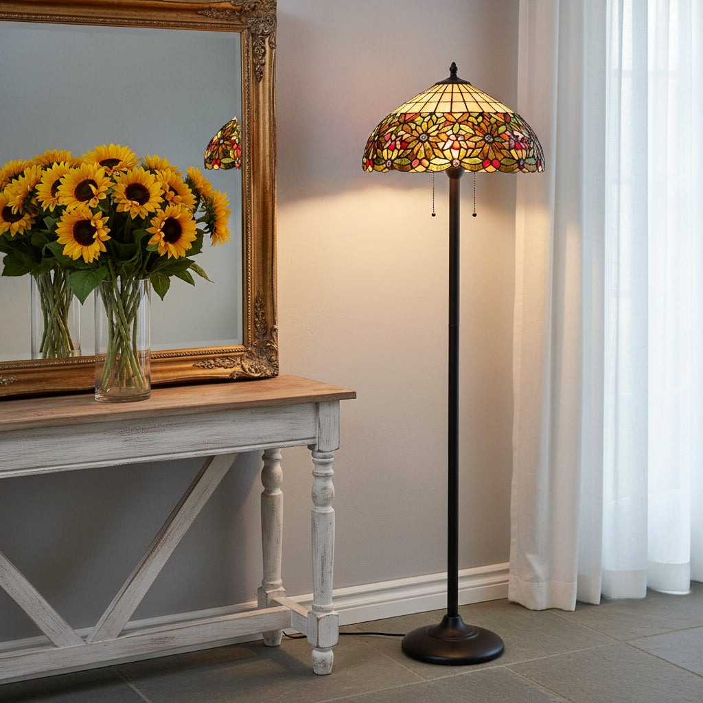 Lampadaire Style Tiffany en Verre Teinté Floral