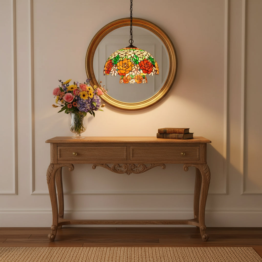 Suspension Style Tiffany en Vitrail à Roses Ø40cm