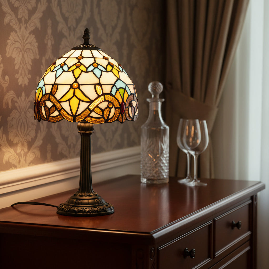 Lampe de Table Tiffany en Vitrail Jaune et Bleu