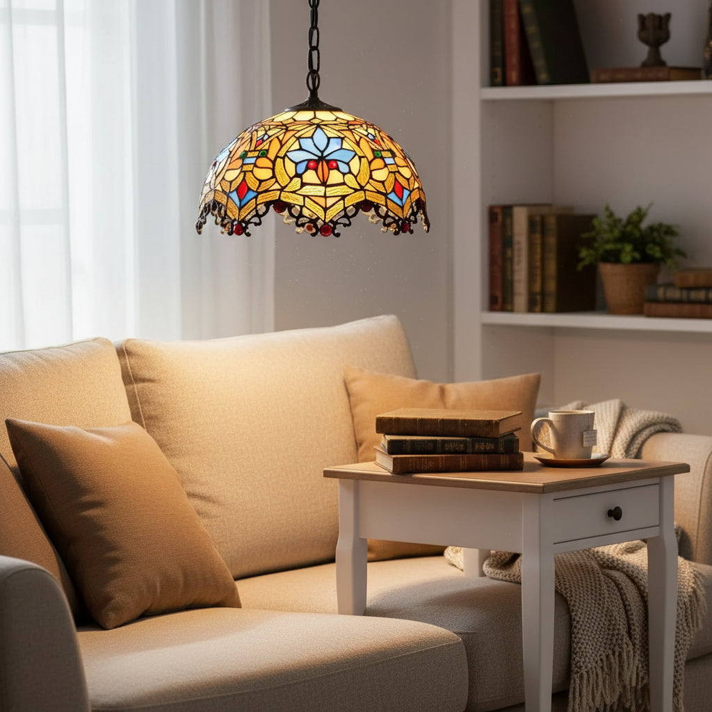 Suspension Luminaire Tiffany en Verre Ambré Floral 30cm