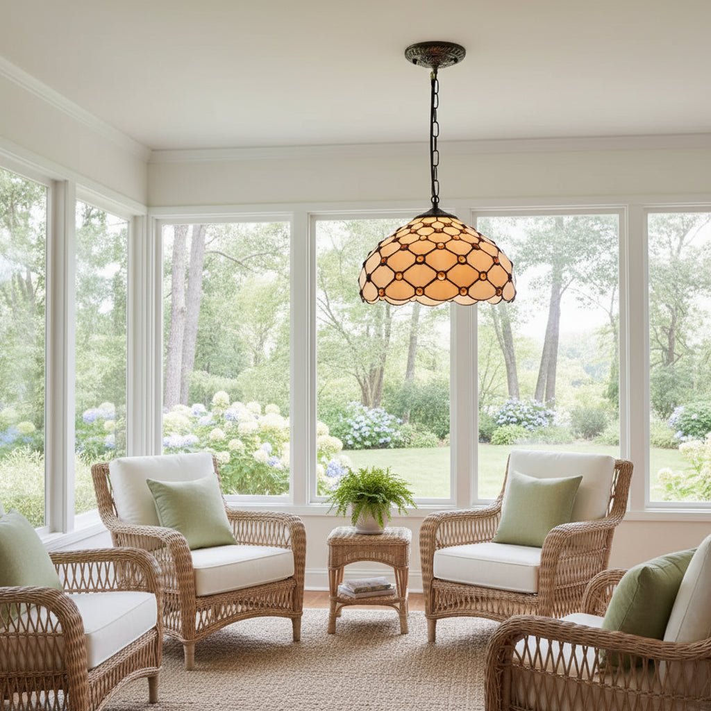 Suspension Luminaire Style Tiffany avec Joyaux Ambrés