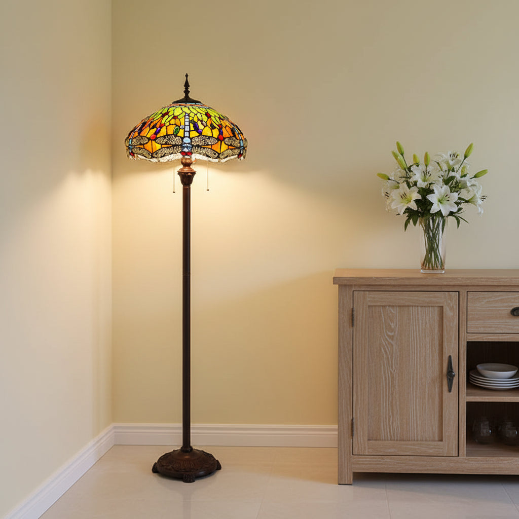 Lampadaire Tiffany en Verre Teinté Libellules