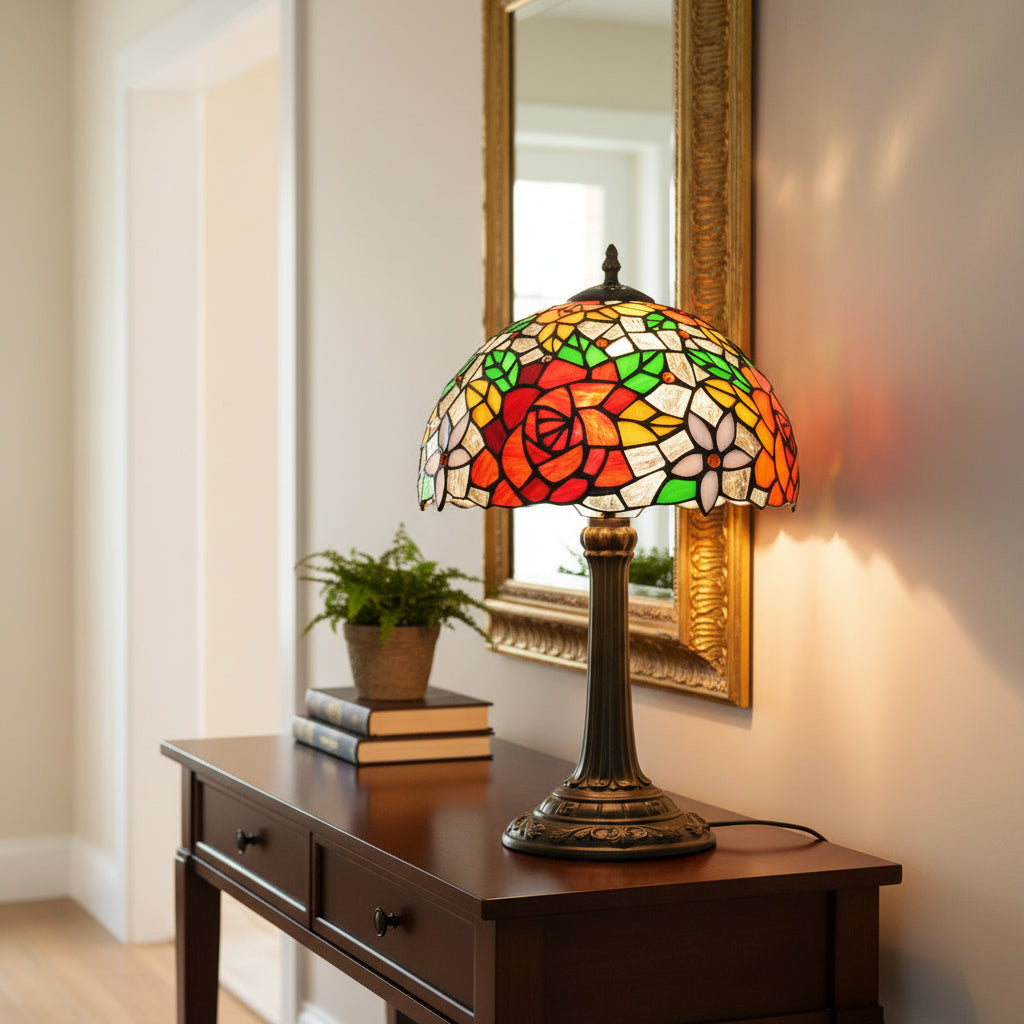 Lampe de Table en Vitrail Style Tiffany Roses