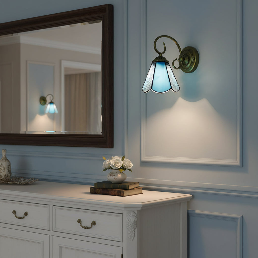 Applique Murale Tiffany en Verre Bleu et Bronze