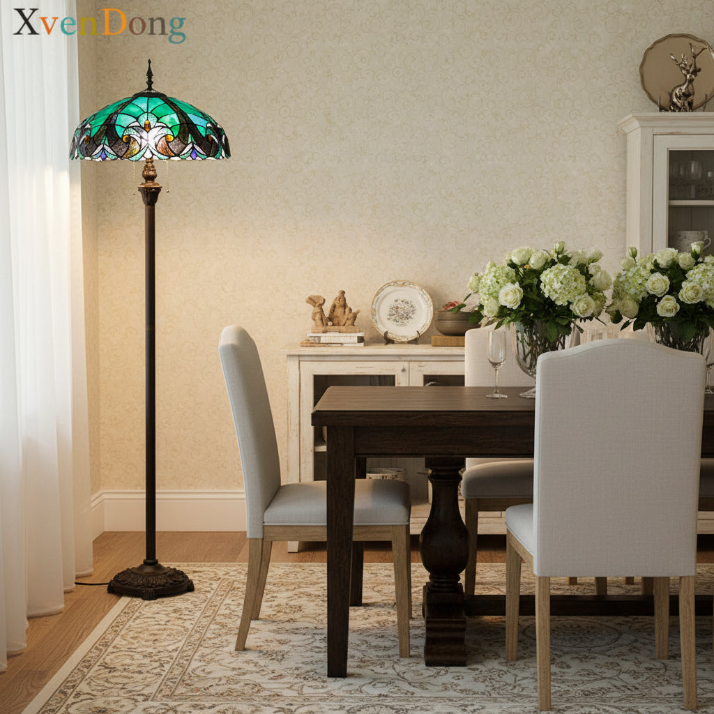 Lampadaire Style Tiffany en Verre Coloré Turquoise