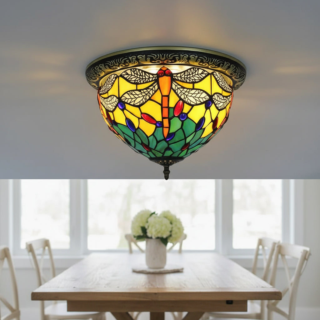 Plafonnier Style Tiffany Libellule en Verre Teinté
