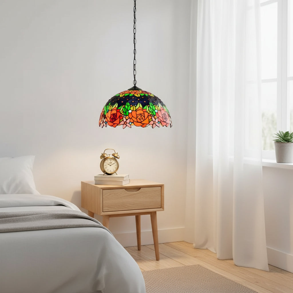Suspension Tiffany à Vitrail de Roses Multicolores Ø40cm