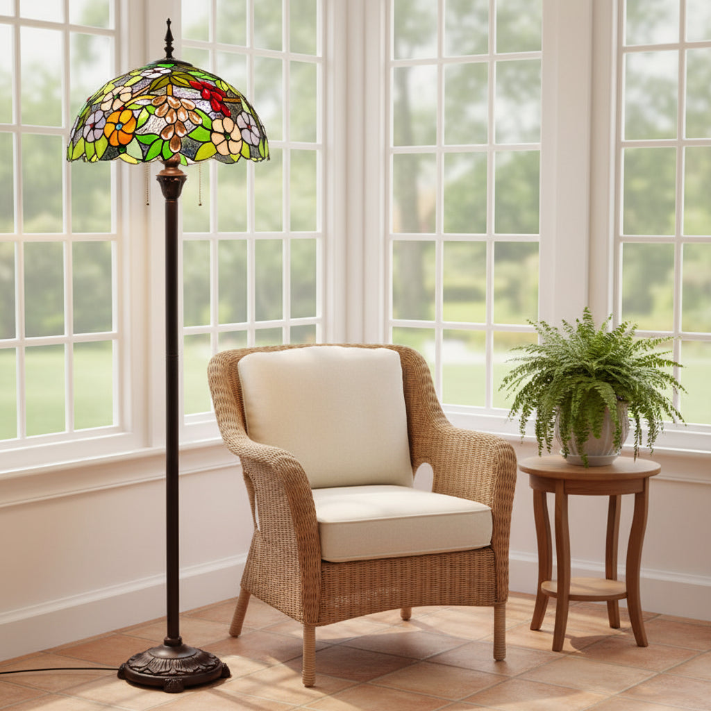 Lampadaire Style Tiffany en Verre Fleurs et Fruits