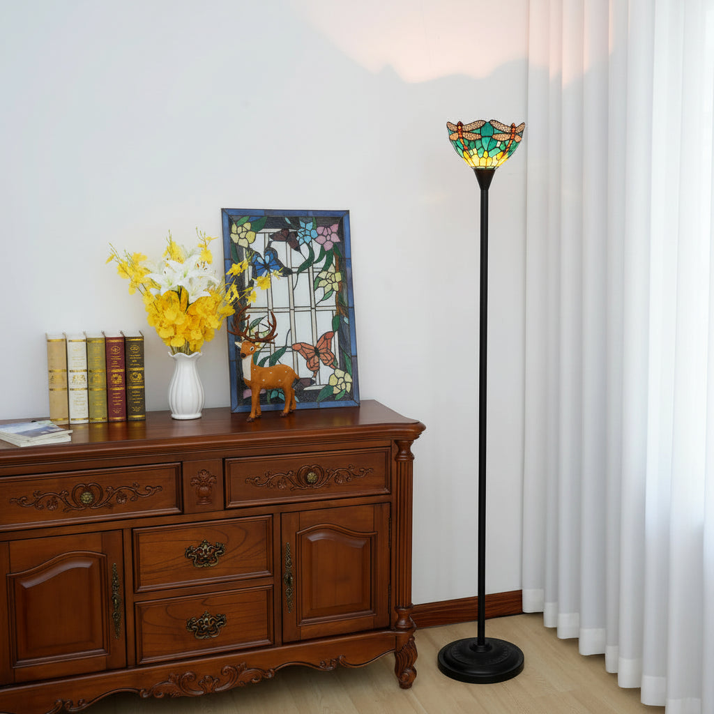 Lampadaire Style Tiffany en Vitrail Libellules