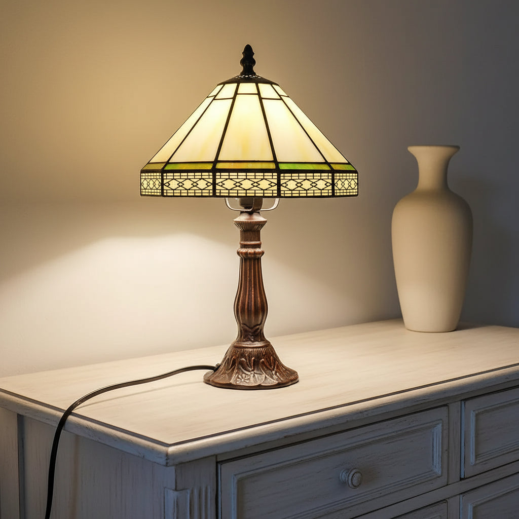 Lampe à Poser Tiffany en Vitrail Jaune et Vert