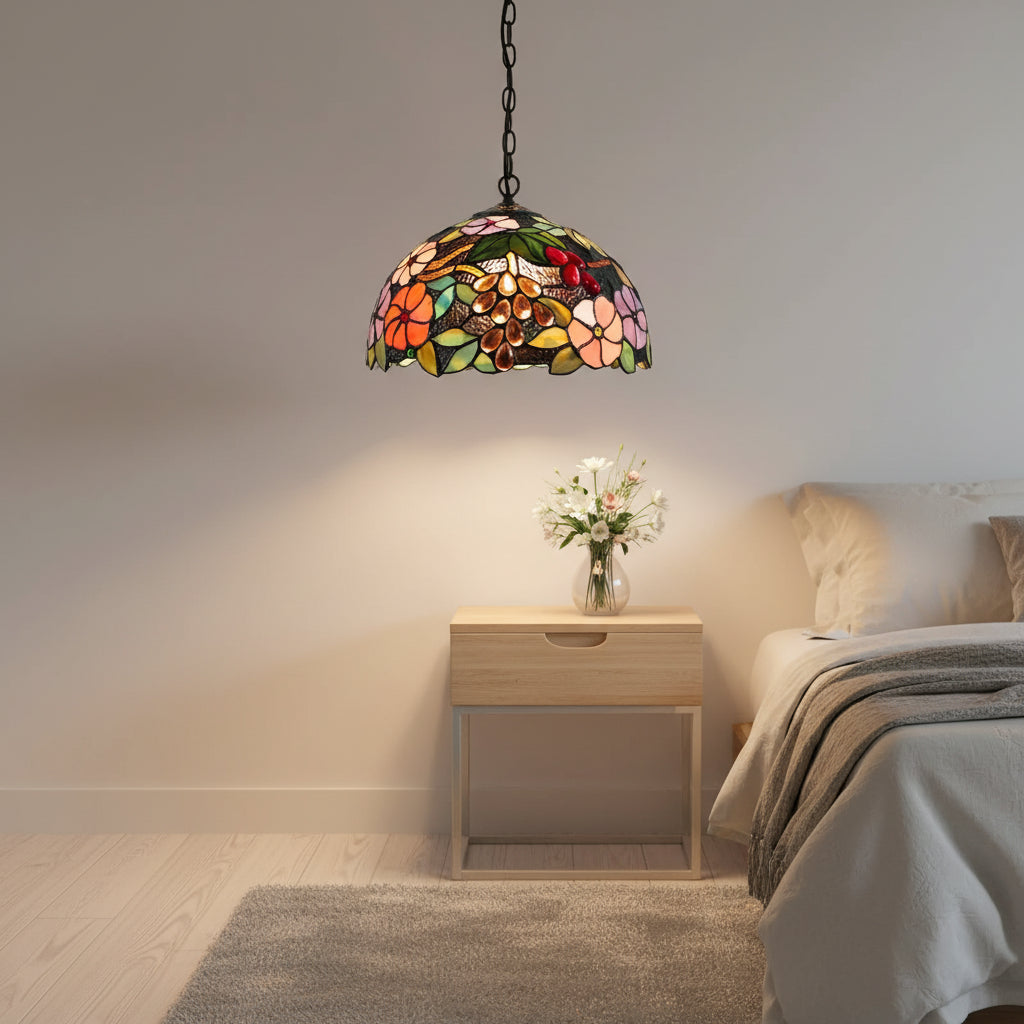 Suspension Vitrail Multicolore Motif Fleurs et Raisins