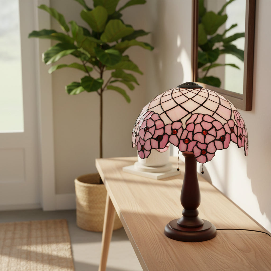 Abat-jour en Vitrail Rose Floral et Géométrique
