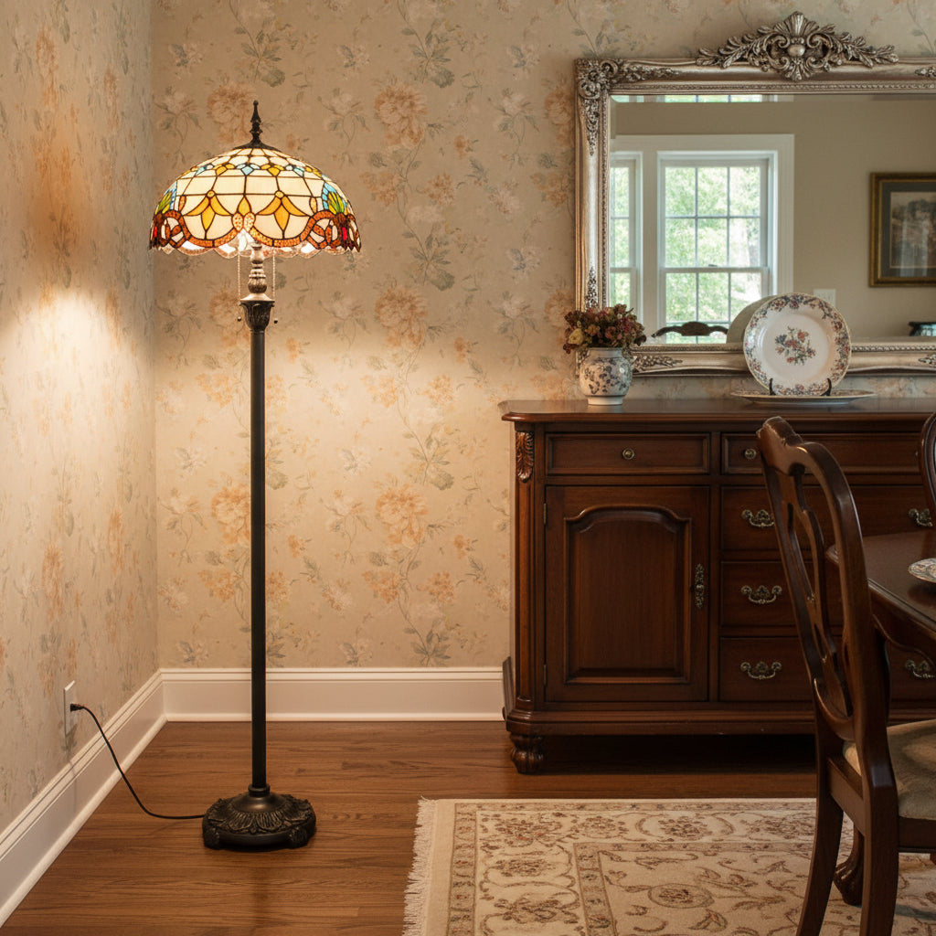 Lampadaire Style Tiffany en Vitrail Multicolore