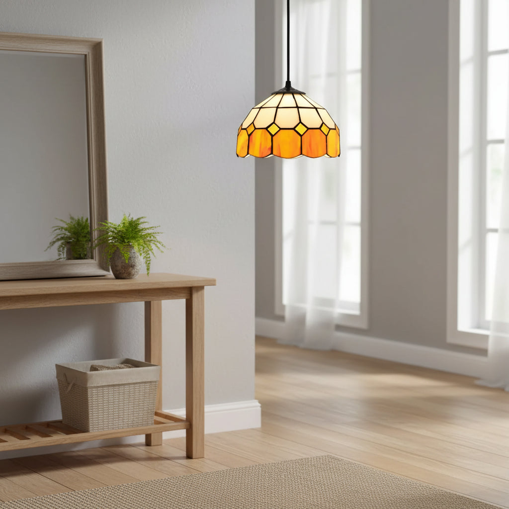 Suspension en Vitrail Style Tiffany Crème Orange Ø20cm