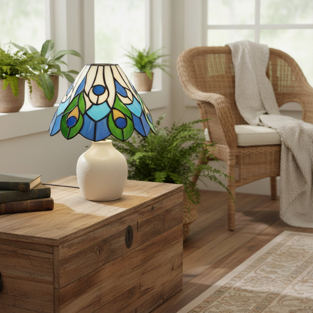 Abat-jour en Vitrail Tiffany Motif Paon Bleu Vert