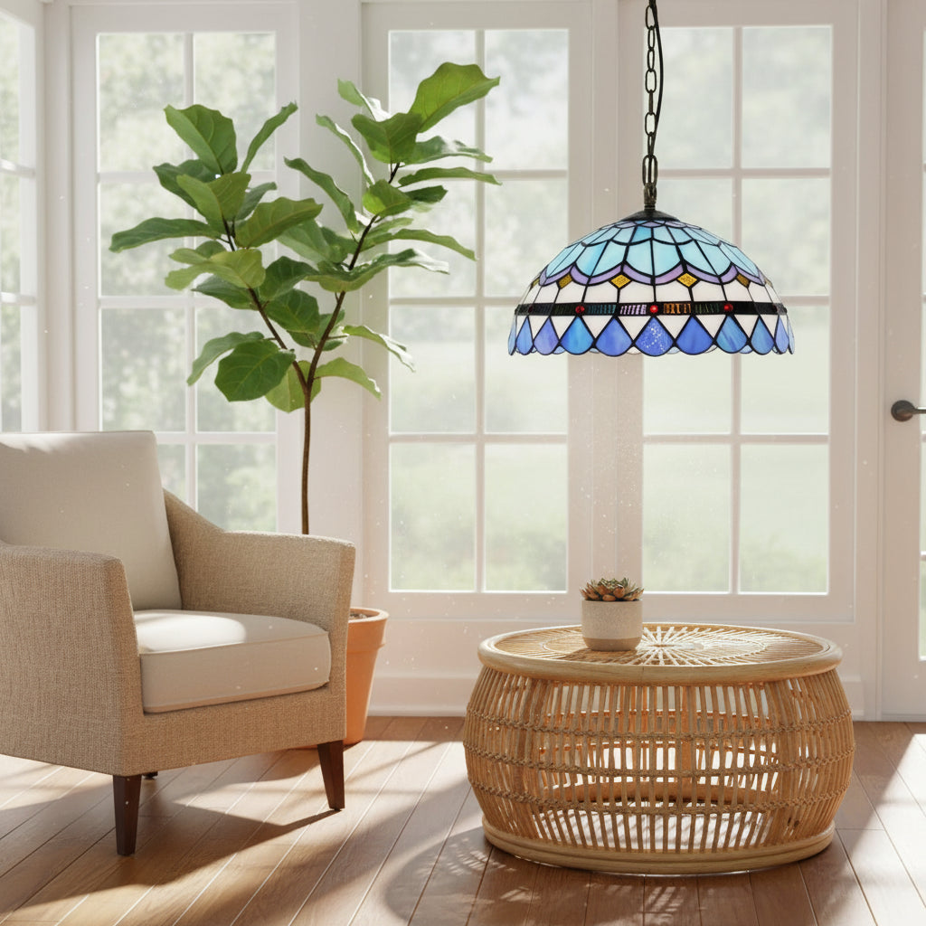 Suspension Luminaire en Vitrail Tiffany Bleue Géométrique D30cm