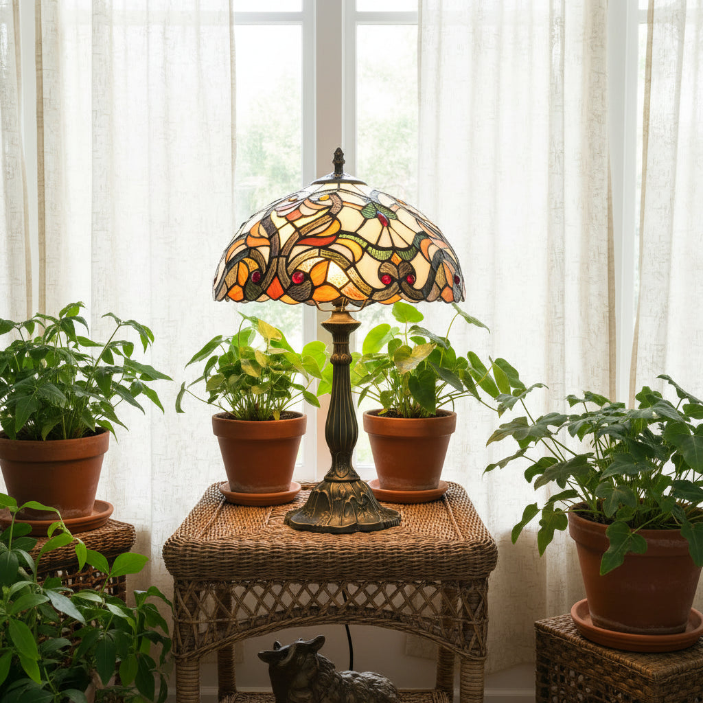 Lampe de Table Tiffany en Vitrail Ambre et Rouge