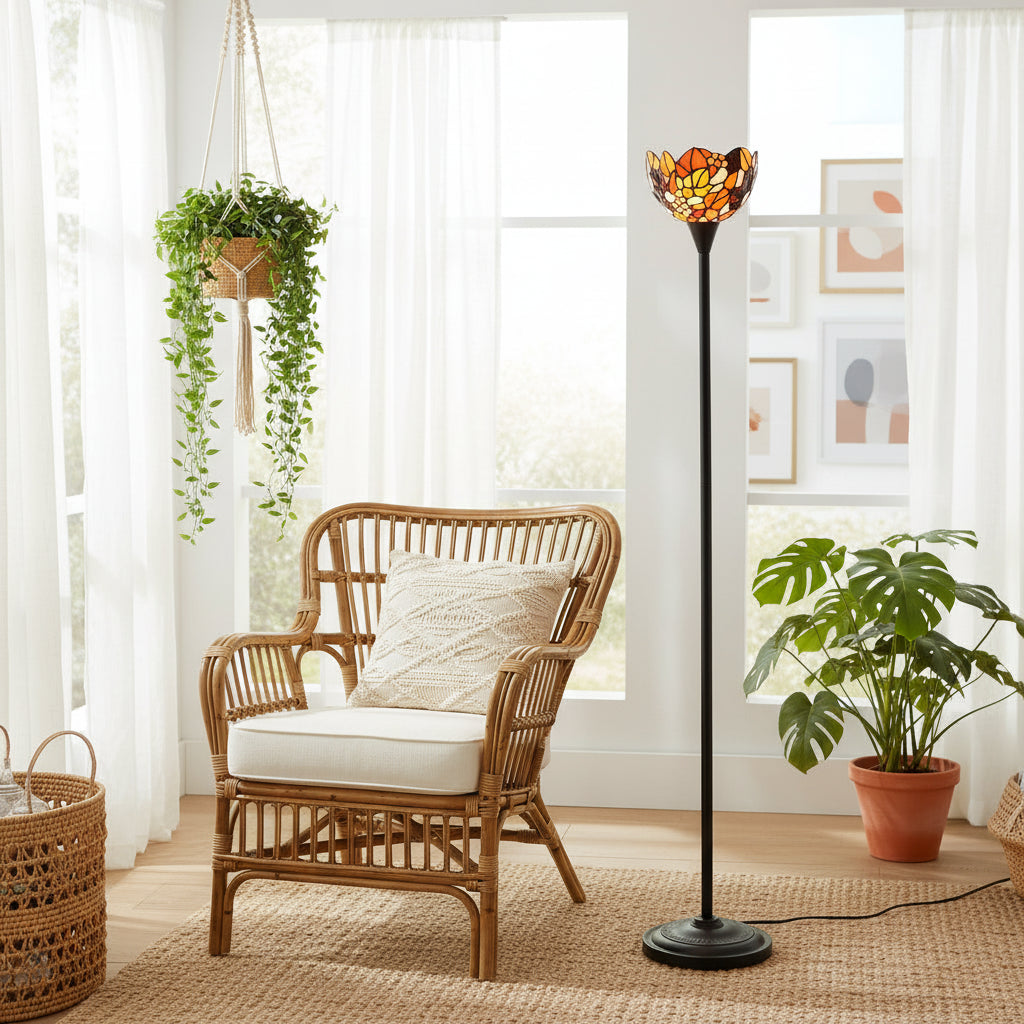 Lampadaire Style Tiffany Floral en Verre Teinté