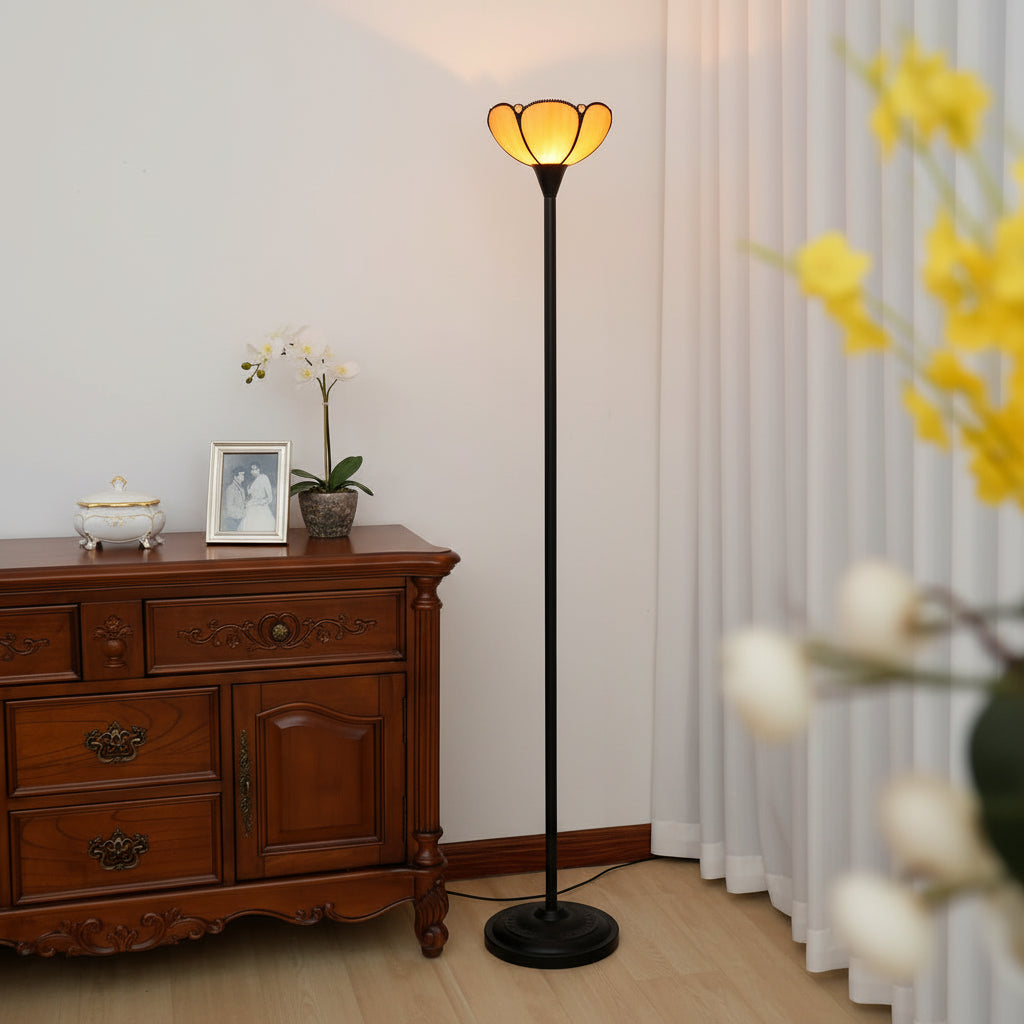 Lampadaire à Abat-jour Floral en Verre Ambré