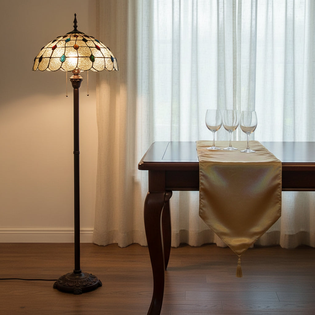 Lampadaire Style Tiffany en Vitrail à Cabochons