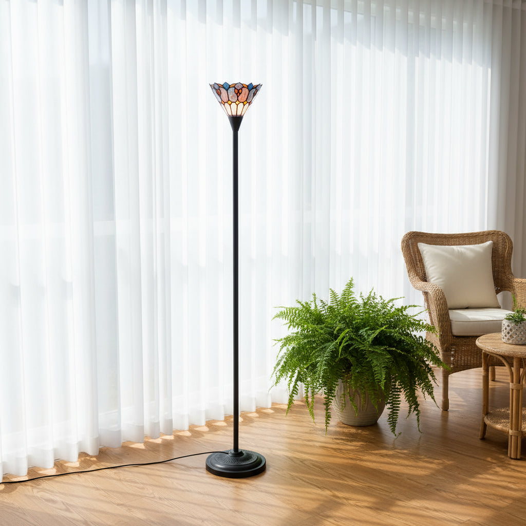 Lampadaire Tiffany en Vitrail Fleurs et Papillons