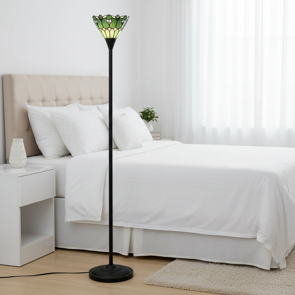 Lampadaire Style Tiffany en Vitrail Vert et Crème