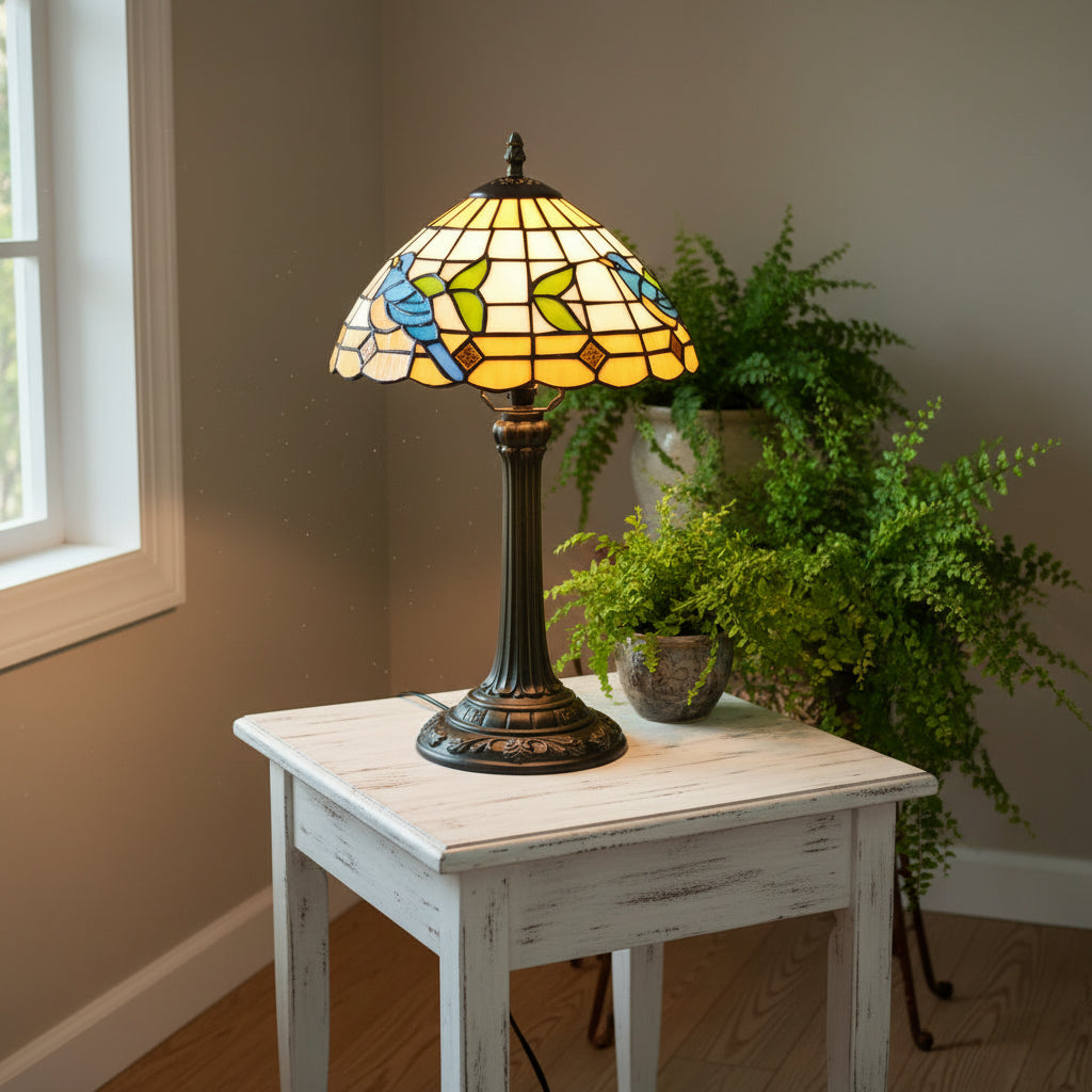 Lampe Tiffany en Vitrail à Motif Oiseau Bleu et Feuilles
