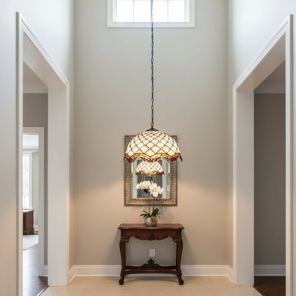 Suspension Tiffany à Vitrail Blanc Style Art Nouveau