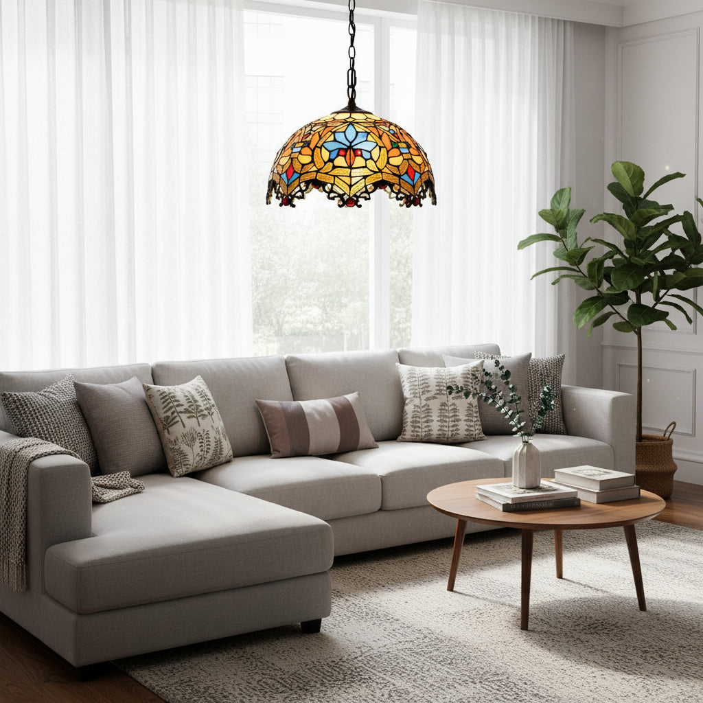 Suspension Luminaire Tiffany en Verre Ambré Floral 30cm