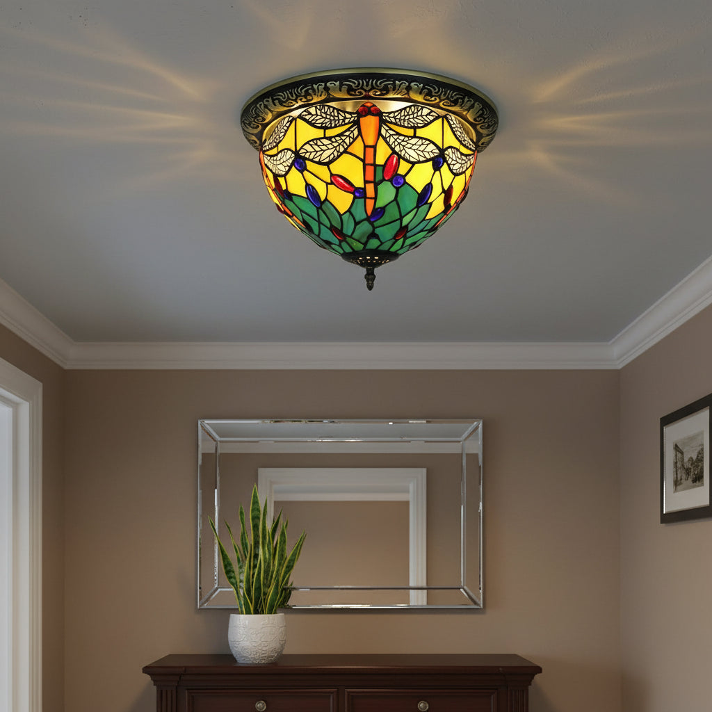 Plafonnier Style Tiffany Libellule en Verre Teinté