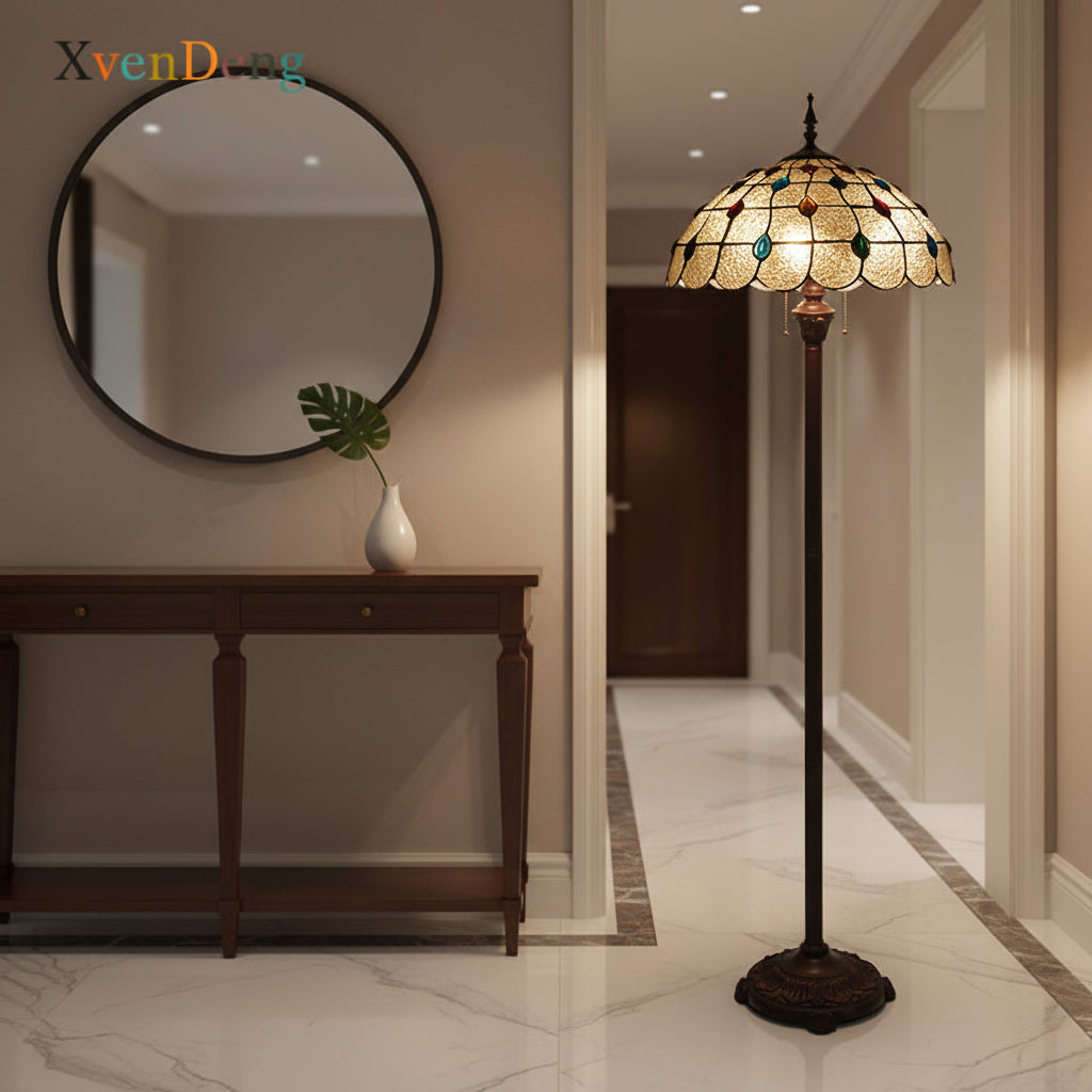 Lampadaire Style Tiffany en Vitrail à Cabochons